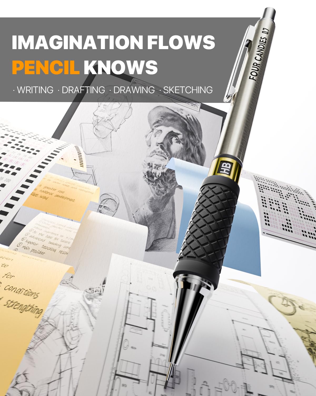 Four Candies Metal Mechanical Pencil Set - 3PCS 0.7mm Art Mechanical Pencils & 360PCS HB Lead Refills & 3PCS Erasers & 9PCS Eraser Refills, Drawing Mechanical Pencils for Writing, Sketching-With Case