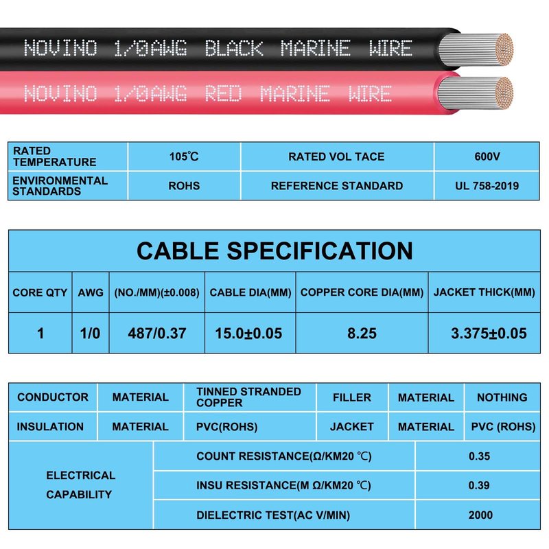 1/0 Gauge Marine Wire 1/0 AWG Marine Grade Wire Include 1/0 Gauge 5FT Red & 5FT Black,1/0 AWG Tinned Copper Oxygen-Free Boat Electrical Cable for Automotive/RV/Camper/Trailer Outdoor Use