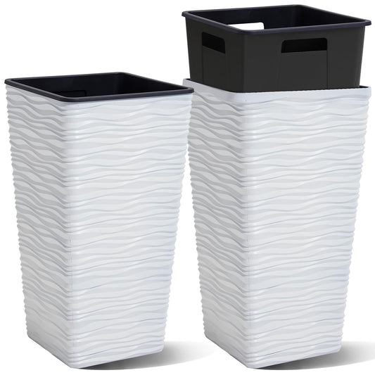 Worth 2 Pack 22" Tall Plastic Square Tapered Planter with Inside Pots for Indoor or Outdoor Use, Modern Wavy Finish for Front Porch or Deck, White