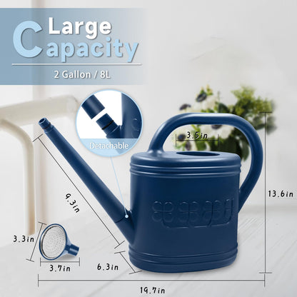 2 Gallon Watering Can, Outdoor Watering Can for Plants, Garden Water Can with Removable Long Spout and Stainless Steel Sprinkler Head, Large Water Can for Greenhouse Flowers Plants (Dark Blue)
