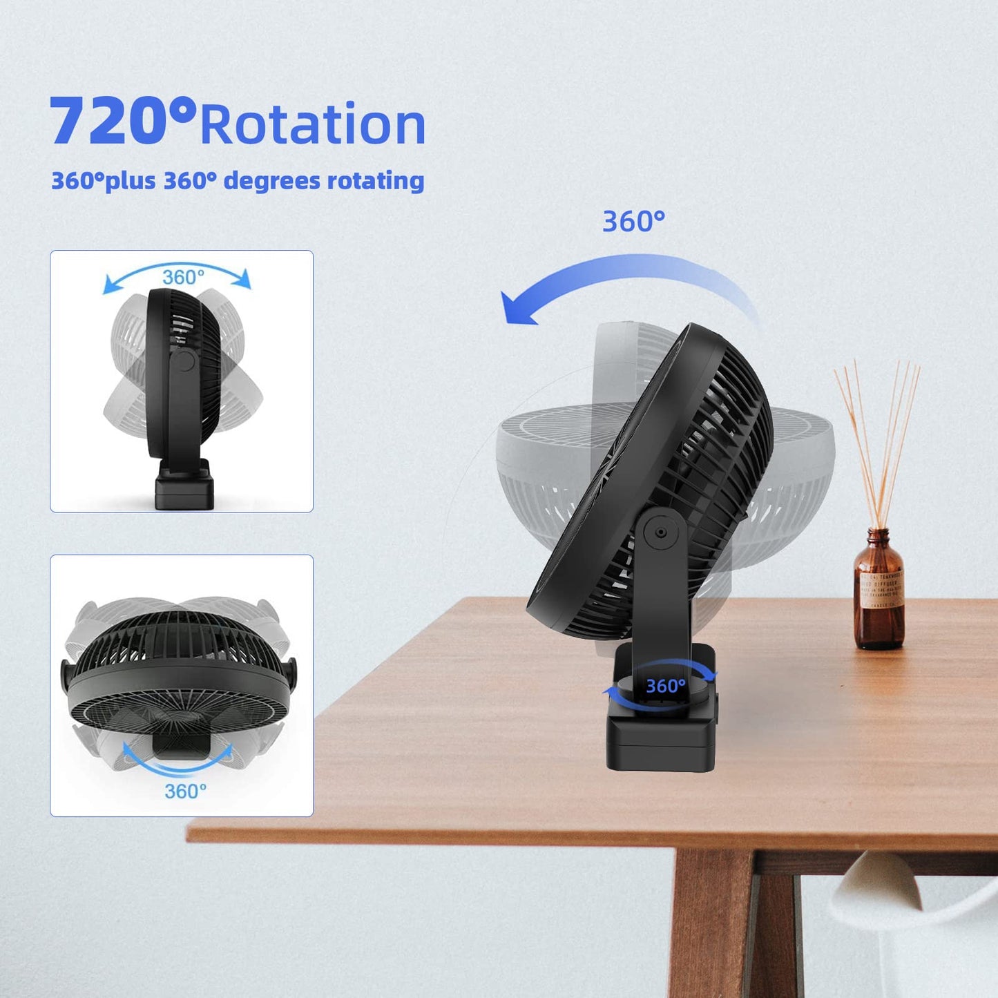 ATEngeus USB Desk Fan, Rechargeable Portable Fan, 8-Inch Clip on Fan, 10000mAh Stroller Fan, 4 Speeds Strong Airflow, 720° Rotation, with Sturdy Clamp, Suitable for home, office and stroller