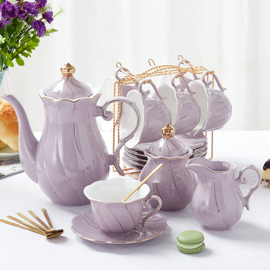 DUJUST 22 pcs Porcelain Tea Set for 6, Luxury British Style Tea/Coffee Cup Set with Golden Trim, Beautiful Tea Set for Women, Tea Party Set, Gift Package (With a Stand) - Purple