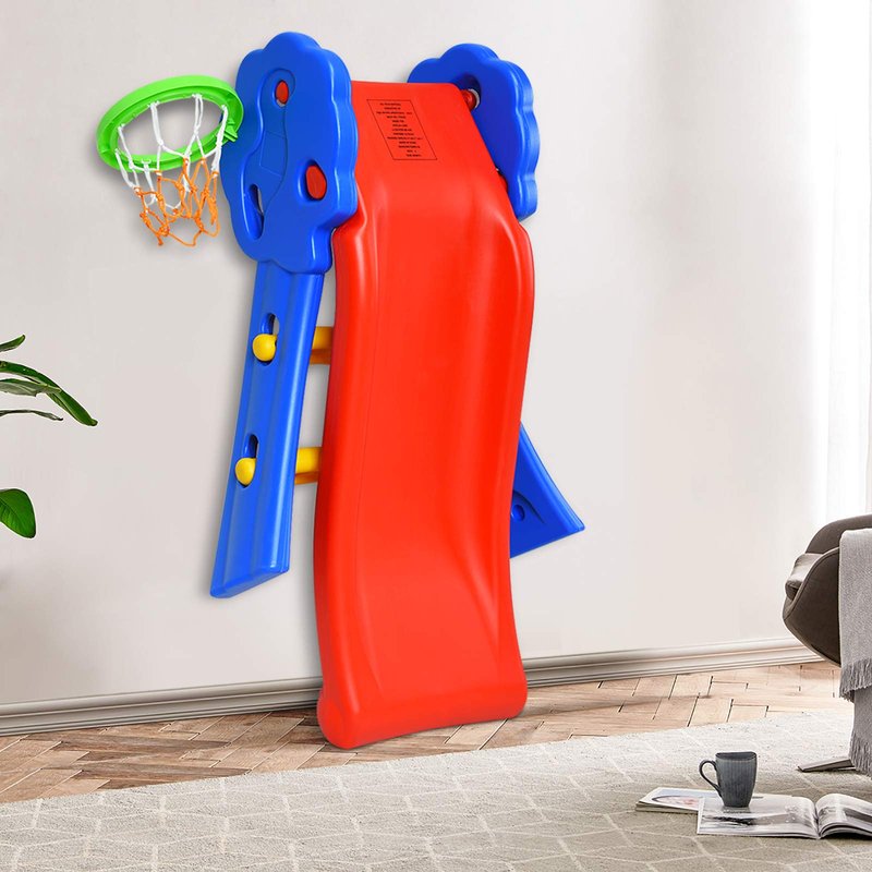 KOTEK Folding Toddler Slide for Indoor and Outdoor, Freestanding Plastic Baby Slide Climber Playset, Easy to Store, Anti-Slip Steps, Kids Playground Toy Ages 3-5 (Blue with Basketball Hoop)