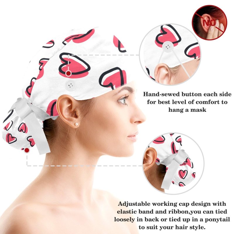 Adjustable Working Cap Pink Hearts Bouffant Hat with Buttons Scrub Hat with Bow Hair Scrunchy for Woman