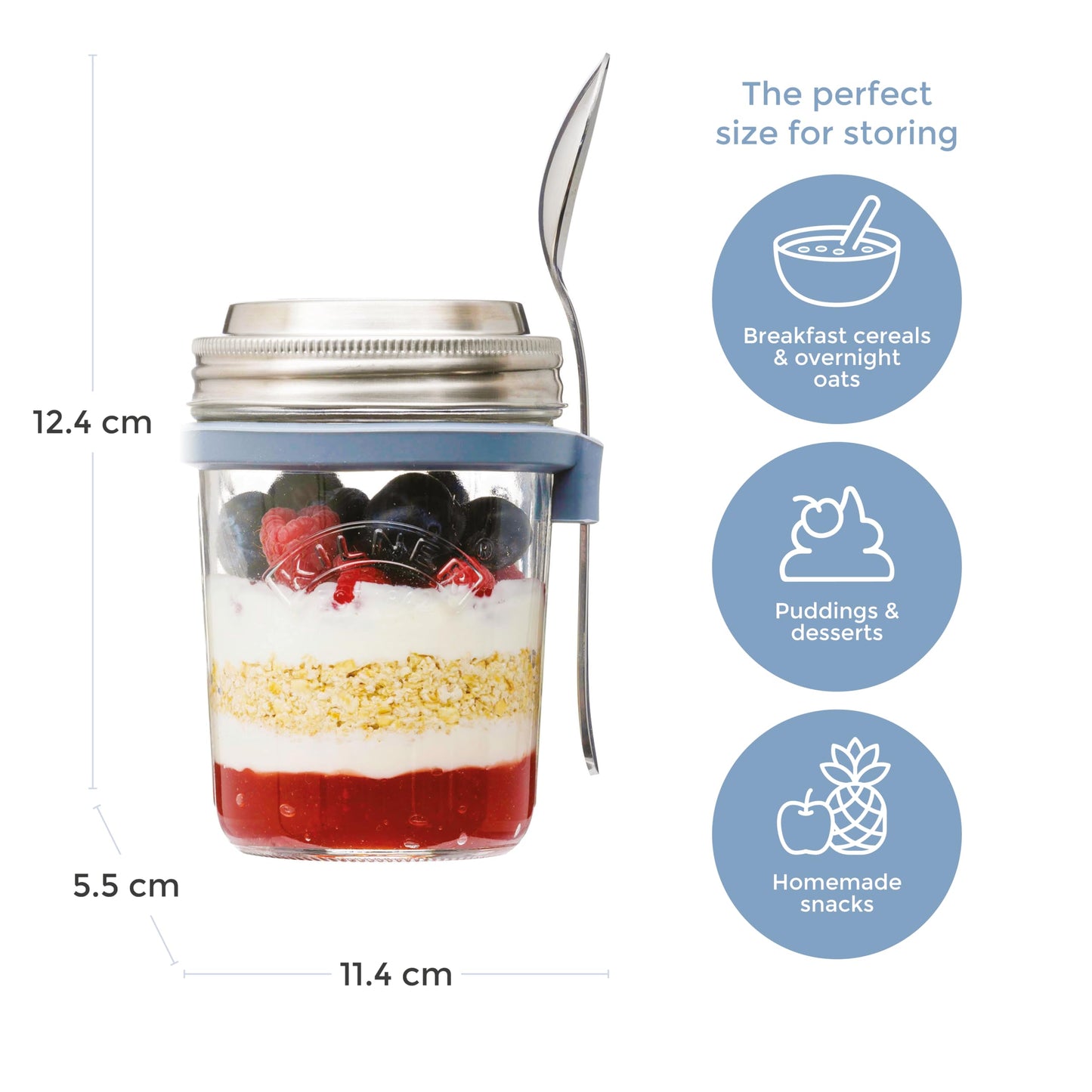 Kilner 0.35 Litre Breakfast Jar Set with Stainless Steel Spoon and Measuring Lid Perfect for Overnight Oats, Yogurt, Smoothie Bowls, Granola, Chia Pudding