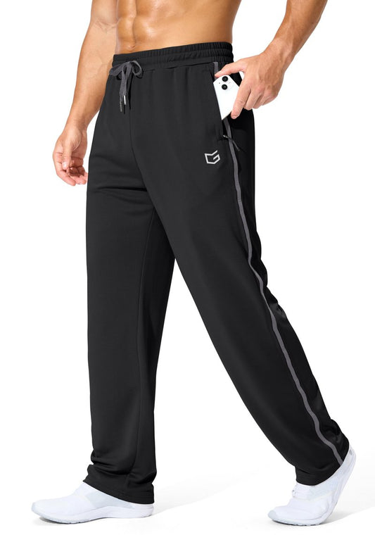 G Gradual Men's Athletic Sweatpants with Zipper Pockets Lightweight Quick Dry Mesh Workout Pants Open Bottom for Casual (Black, Large)
