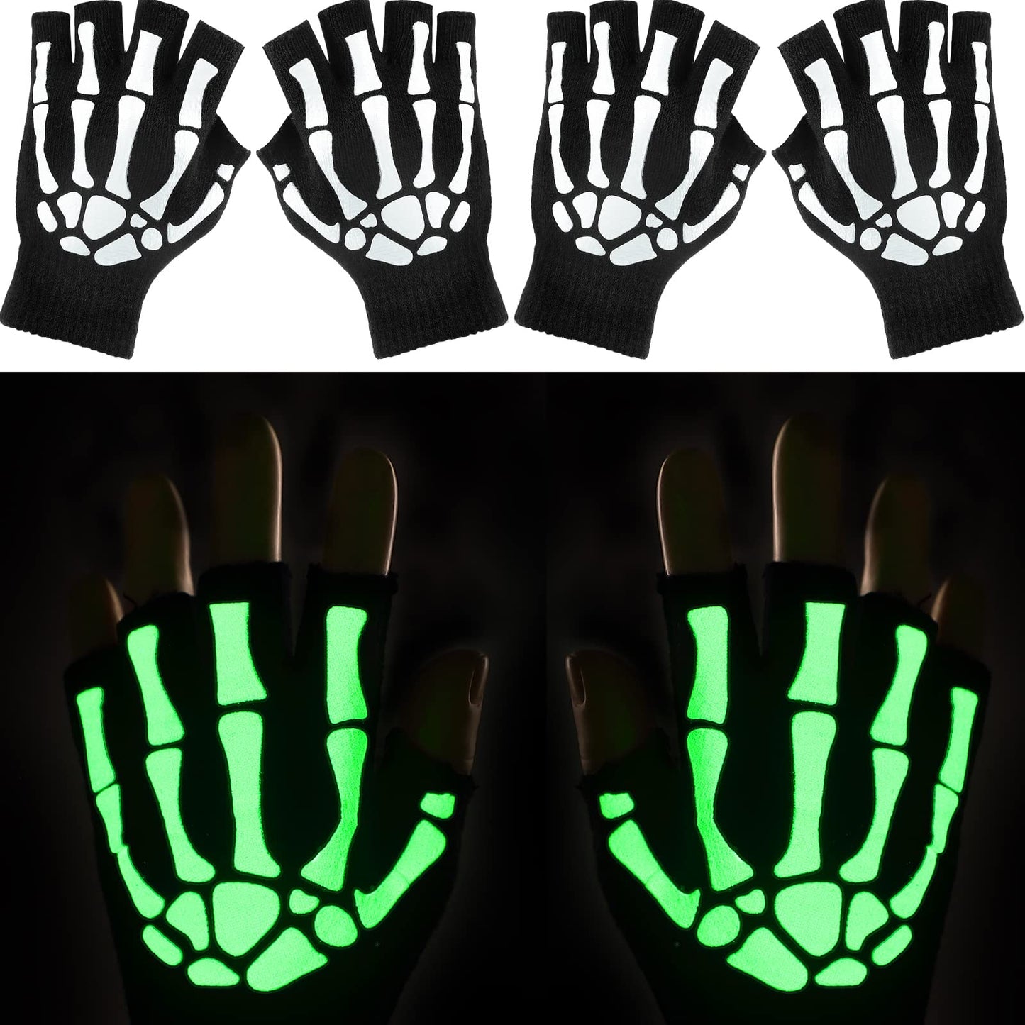 Tatuo 3 Pairs Skeleton Fingerless Glove Glow in the Dark Glove for Kid Adult Halloween(Medium)