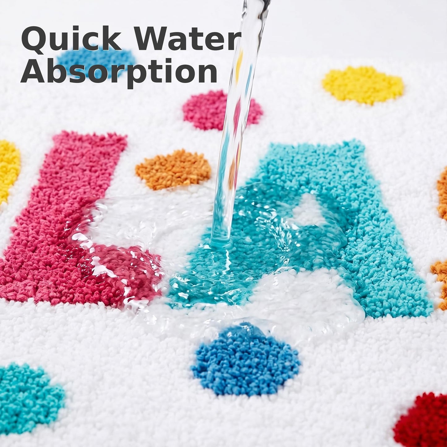 HAIWAOO Splash Bathroom Rug 17x24, Soft Colorful Letter Bath Mat, Absorbent Microfiber Bath Rug with Non Slip Backing, Machine Washable Rug for Kids and Family Bathroom, Tub, Shower, Sink
