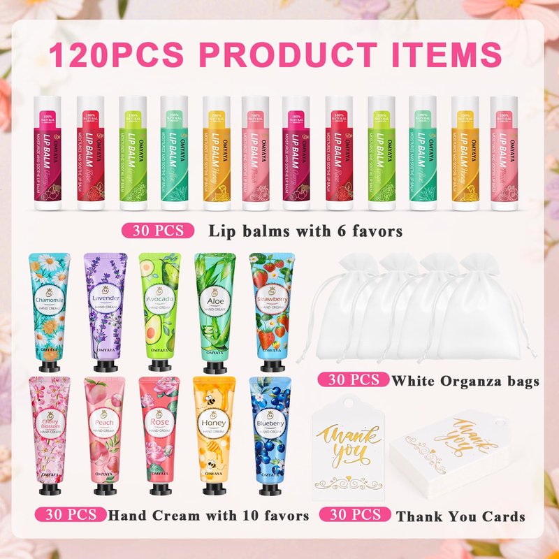 30 Sets Bulk Gifts For Women, Lip Balm Bulk and Hand Cream Gift Set with Organza Bags, Thank You Cards, Party Favors For Bridal Wedding, Baby Shower,Teacher Appreciation Gifts Bulk
