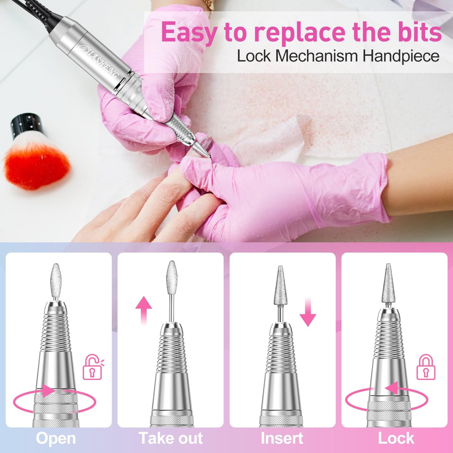 20000RPM Electric Nail Drill Professional Nail File Drill Acrylic Nails Kit for Manicure Gel Nail Polish Remover with 1 Pack of Sanding Bands(Pink)