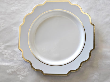 " OCCASIONS " 50 Plates Pack (25 Guests)-Heavyweight Wedding Party Disposable Plastic Plate Set -(25x10.5'' Dinner + 25x8'' Salad/dessert (Imperial in White/Blue & Gold)