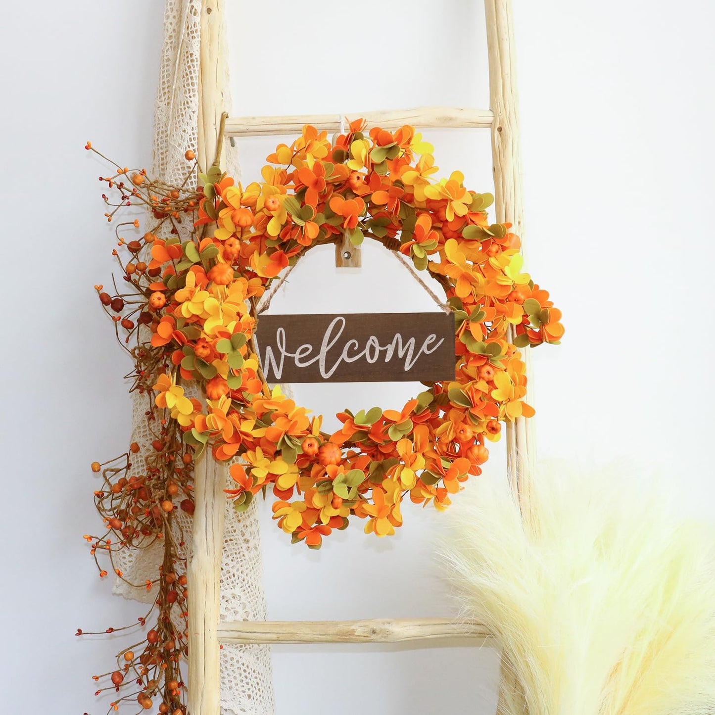 VioletEverGarden Fall Wreaths for Front Door 20 Inch Autumn Wreath Artificial Thanksgiving Wreath with Welcome Wooden Brand and Pumpkins for Indoor & Outdoor Farmhouse Harvest Celebration