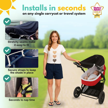 SnoozeShade Original 0-6m Pram and Buggy Sun Shade Blackout Cover Blocks 99% UV UPF 50 Baby Sleep Aid Better Than Breathable Mesh Canopy for Carrycot and Pushchair
