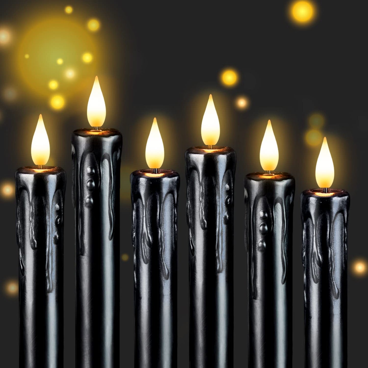 Homemory Black Flameless Taper Candles with Remote and Timer, Real Wax LED Taper Candles Battery Operated, Flickering Candle Sticks for Party Halloween Indoor Decoration, 6 Pcs, 9.6 inches