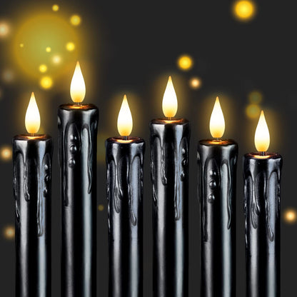Homemory Black Flameless Taper Candles with Remote and Timer, Real Wax LED Taper Candles Battery Operated, Flickering Candle Sticks for Party Halloween Indoor Decoration, 6 Pcs, 9.6 inches