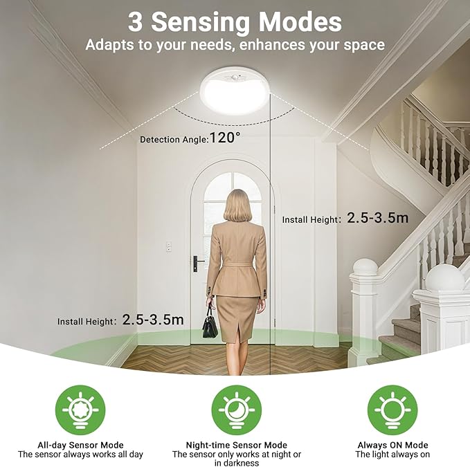 zemty 9inch 18W Motion Sensor Ceiling Light Wired, 3 Sensing Modes Motion Activated Closet Lights White, 3000K/4000K/6500K Waterproof LED Ceiling Lamp for Pantry Closet Shower Hallway-1Pack