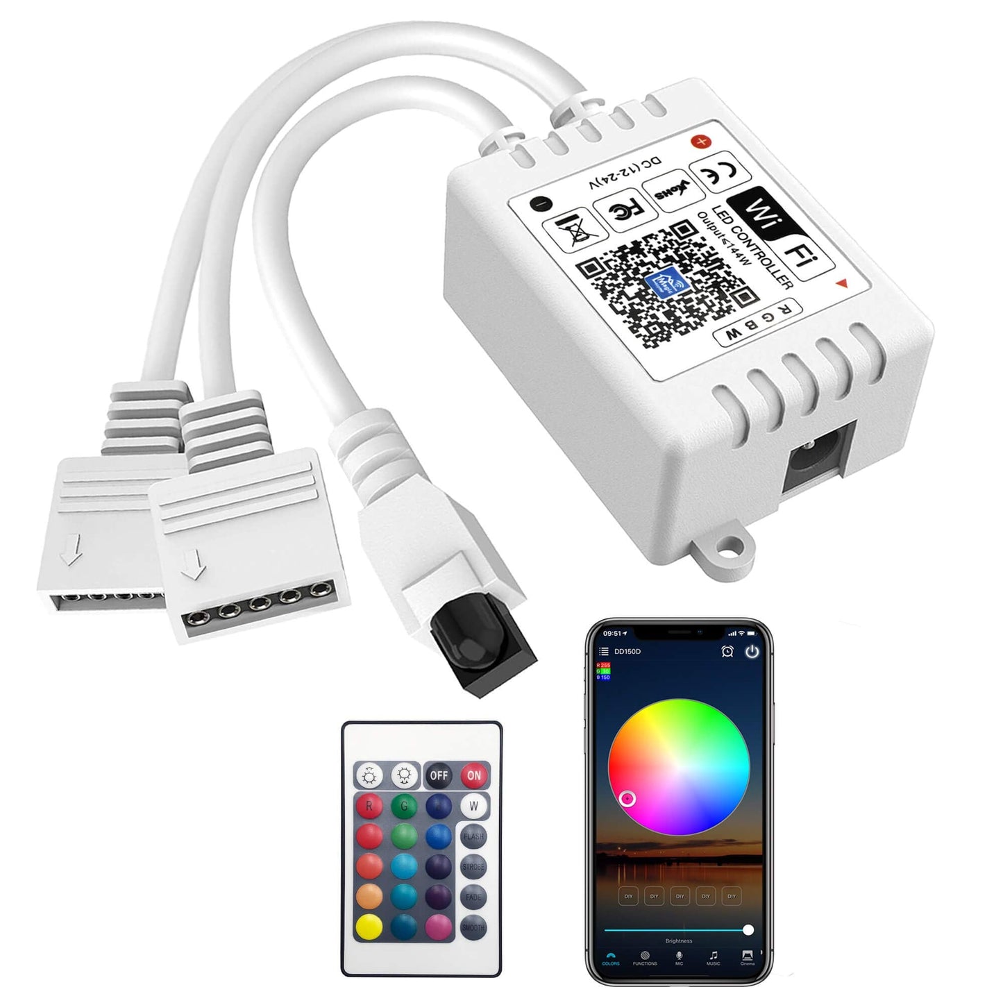 GIDEALED Smart WiFi RGBW LED Controller 2-Output 5 Pin with 24-Key Remote,Compatible with Alexa&Google Assistant,Voice/APP Control Strip Lights for Android/iOS System(WiFi LED Controller Only)