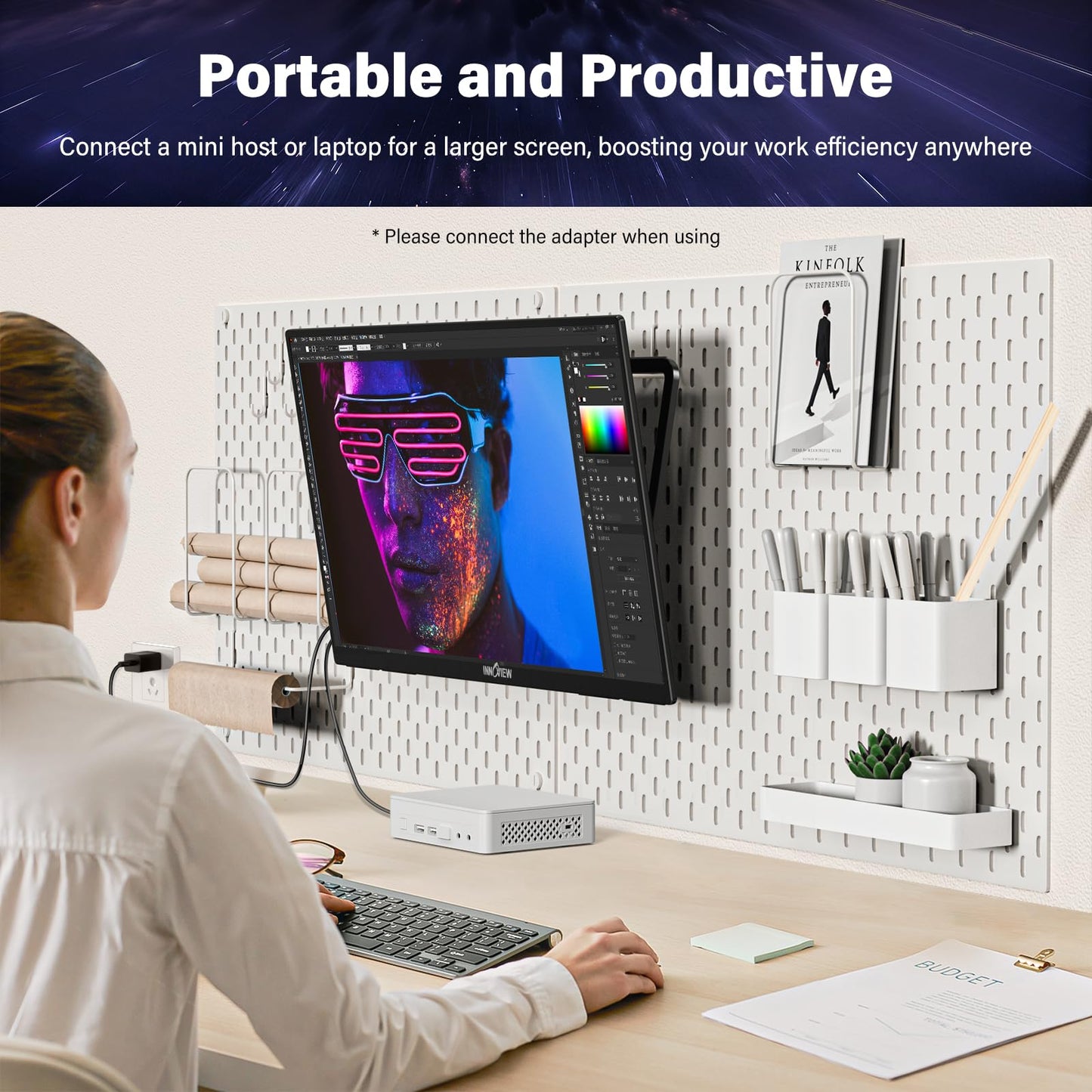 InnoView 23.8" Large Portable Monitor, FHD 144HZ 100% SRGB IPS USB-C HDMI Work Home Gaming Second Monitor 1080P W/180°Adjustable Stand for Laptop, MacBook, Phones