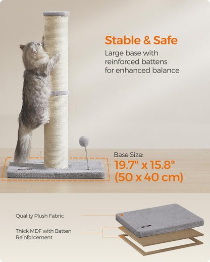 Feandrea Cat Scratching Post, 85 cm Tall Cat Scratcher for Medium and Large Cats, Furniture Scratching Deterrent Sisal Scratch Pole, Spring Pompom with Built-in Bell, Dove Grey PCA041G01