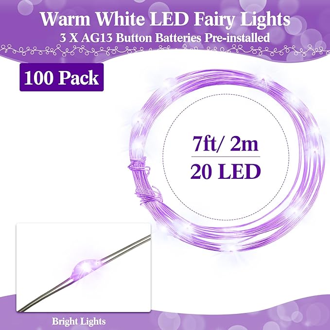 Hortsun 100 Packs Fairy Lights Battery Operated 3 Speed Modes, 7 Ft/ 2 M 20 LED Battery String Mini Waterproof Wire Twinkle Lights Bulk for Wedding Party Birthday Vases (Purple Light)