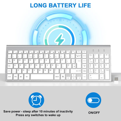 cimetech Wireless Keyboard, 2.4G, Ergonomic with Number Pad, Silent USB, PC, Laptop, Desktop, Windows 10/8/7/XP - Silver White