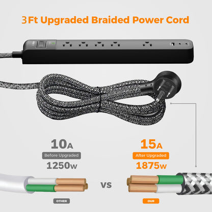 2 Pack Power Strip Surge Protector - 5 Widely Spaced Outlets 3 USB Charging Ports, 1875W/15A 6Ft Braided Extension Cord, Flat Plug Overload Protection, Wall Mount for Home Office Dorm Room Essentials