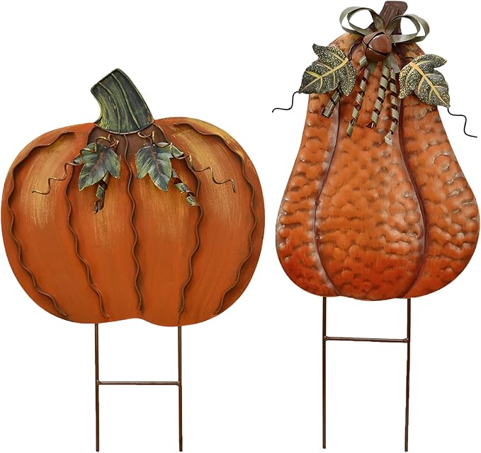 Metal Pumpkin Stakes Yard Signs Fall Decor Decorative Garden Stake Lawn Pumpkins Ornaments Outdoor Autumn Decoration for Harvest Halloween Thanksgiving (17.5" H +20" H Orange)