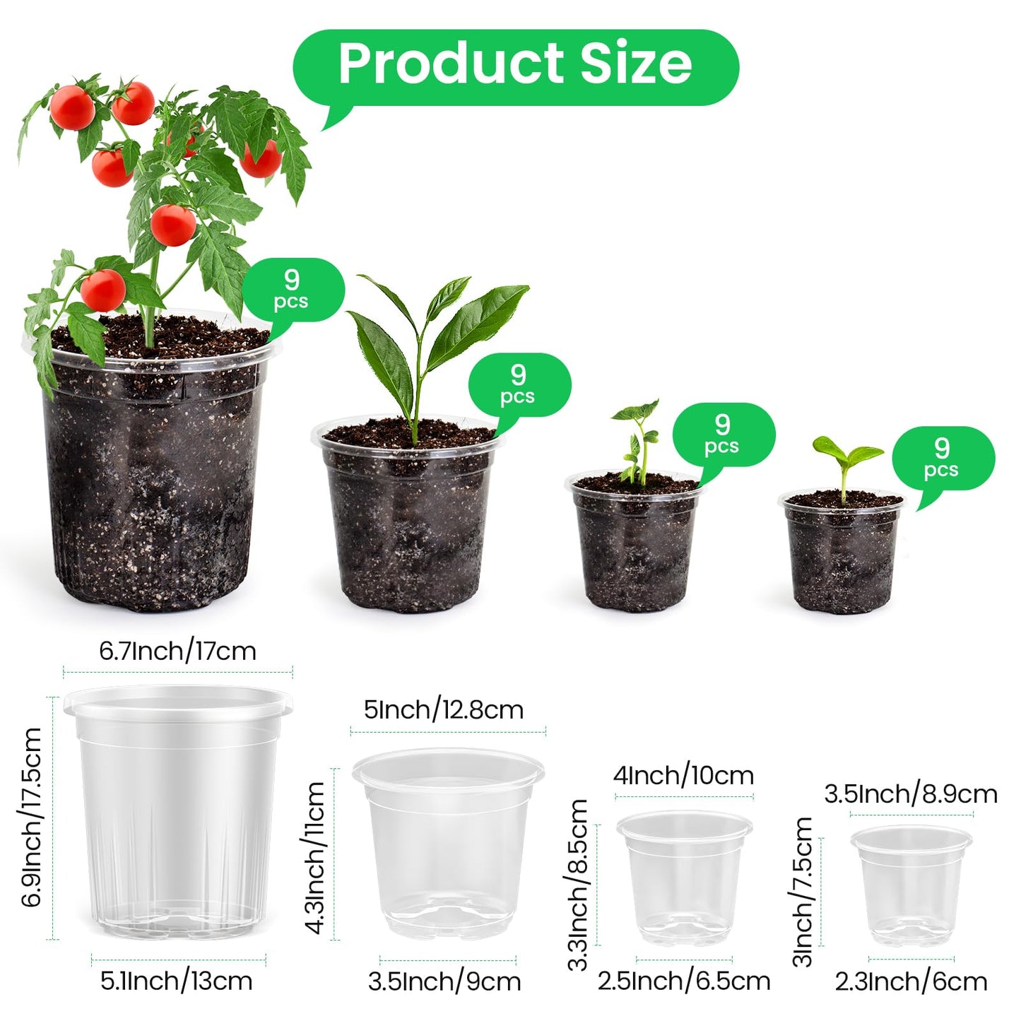 Bluepro 36 Packs 6.7/5/4/3.5 Inch Reinforced Clear Nursery Pots with Drainage Hole, Transparent Variety Pack Plastic Plant Pot Seedling Planter Seed Starter Flower