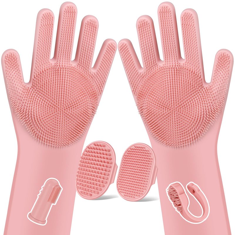 Augwind 6PCS Pet Grooming Kit for Dogs, Cats and Horses | Dog Washing Gloves | Cleanroom Gloves | Dog Bath Brush | Dog Bath Gloves | Dog Shampoo Brush | Dog Bath Supplies (Light Pink)
