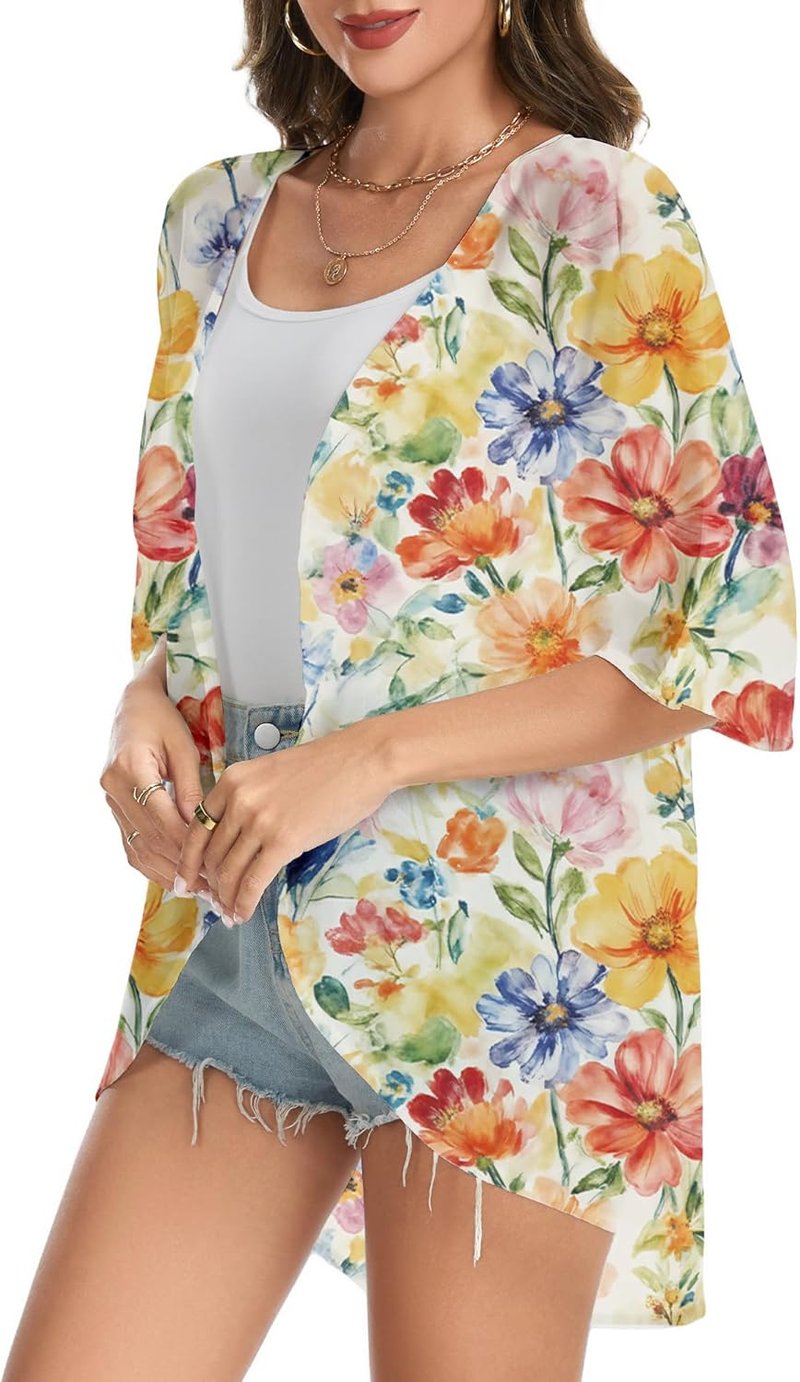 Beach Vacation Kimono Cardigan for Women - Puff Sleeve Loose Fit Cover Up | Casual Blouse Top