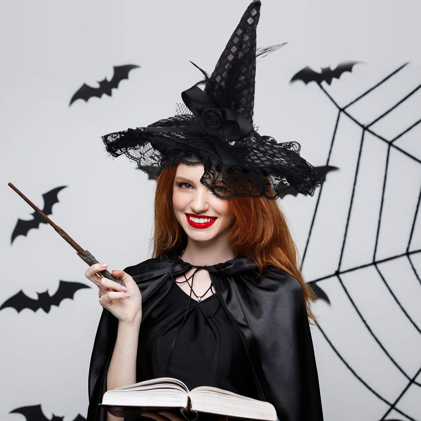 WILLBOND 3 Pieces Witch Hat and Feather Headband for Halloween Costume Dress Accessories, 3 Colors (Orange, Black, Purple)