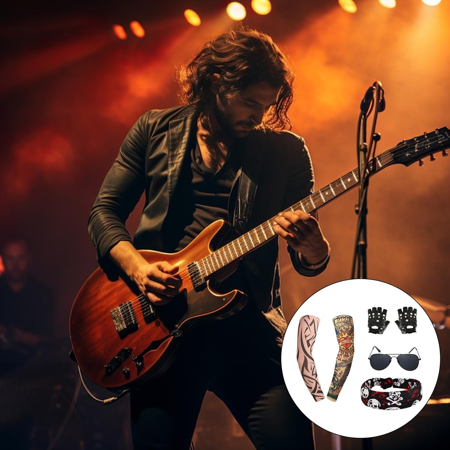 7 Pcs Rocker Costume Men's Wigs Black Curls Disco Costume Men's Party Costume Men with Wigs Sunglasses Beards Sleeves Gloves Headscarves for 70s 80s 90s, Medium