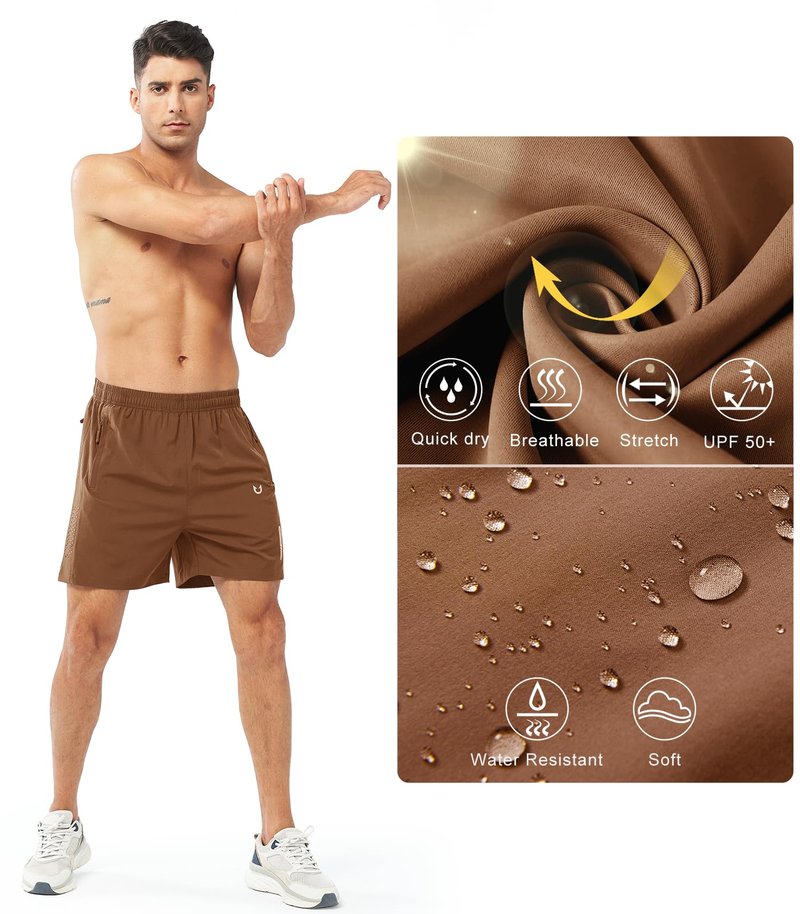 NORTHYARD Men's Athletic Running Shorts Gym Workout 7"/9"/5" Quick Dry Lightweight Sports Basketball Tennis 3 Zipper Pockets BROWN-5inch 2XL