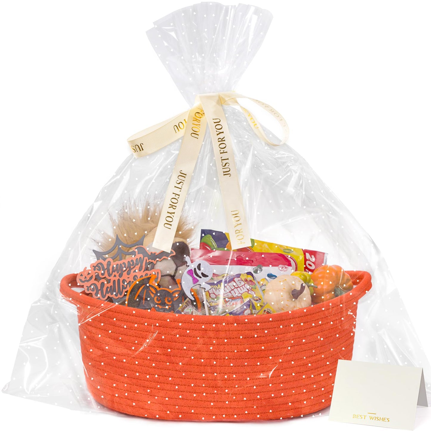 CHICVITA Halloween Basket for Gifts, Boo Basket for Gift Empty, Rope Decorative Baskets with Gift Bags & Ribbon for Baby Girl, 12"x 8"x 5"