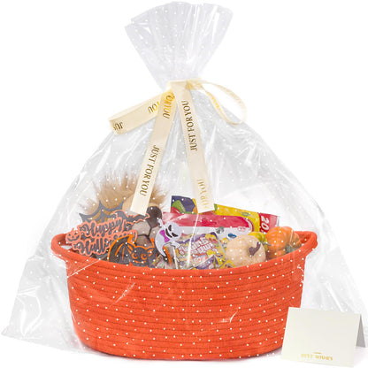 CHICVITA Halloween Basket for Gifts, Boo Basket for Gift Empty, Rope Decorative Baskets with Gift Bags & Ribbon for Baby Girl, 12"x 8"x 5"