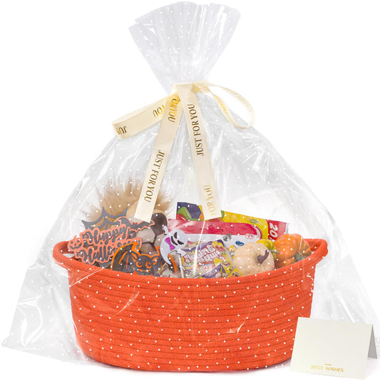 CHICVITA Halloween Basket for Gifts, Boo Basket for Gift Empty, Rope Decorative Baskets with Gift Bags & Ribbon for Baby Girl, 12"x 8"x 5"