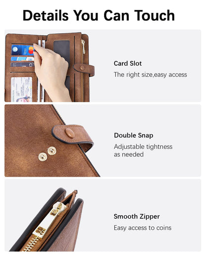 BOSTANTEN Womens Leather Wallets RFID Blocking Large Capacity Trifold Card Holder Ladies Phone Clutch Grey Brown