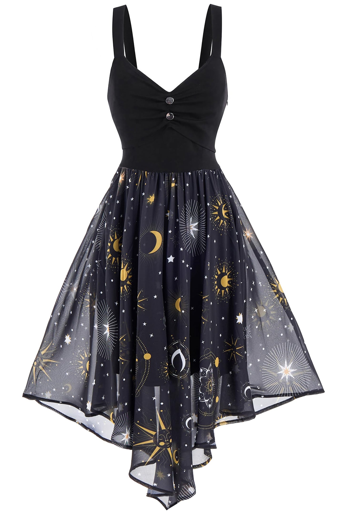 FEAPHY Women's Vintage Chiffon Sun Moon Star Sleeveless A-Line High Low Dress (0-Galaxy-Black, M)