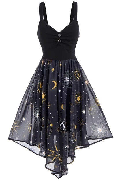 FEAPHY Women's Vintage Chiffon Sun Moon Star Sleeveless A-Line High Low Dress (0-Galaxy-Black, M)