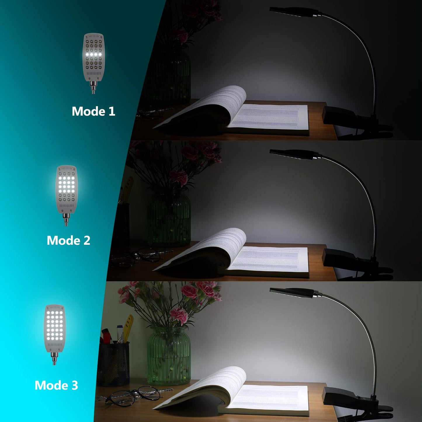 Daffodil ULT300 Clip-On Reading Light – Flexible Gooseneck Book Light with Large Clamp, USB or 4xAA Battery Powered, 3 Brightness Levels, Lamp for Headboard, Desk, Bedside or Bed - Black