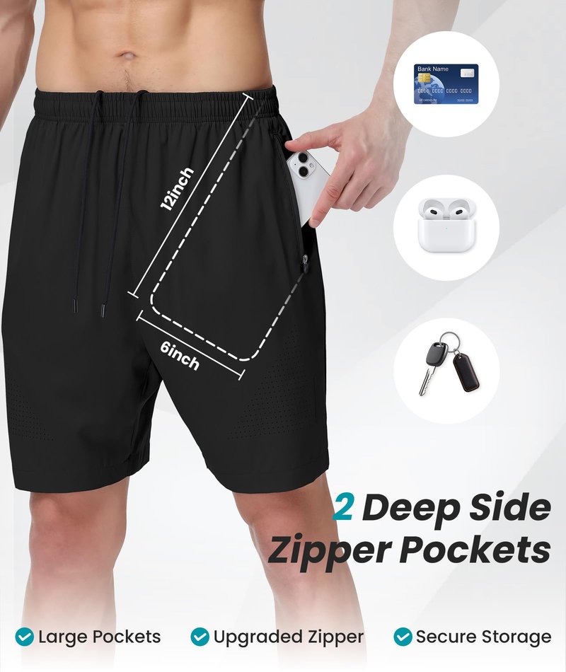 UUMIAER Mens Athletic Gym Shorts 7" Utra-Light Quick Dry Running Workout Basketball Shorts with Zipper Pockets Sports Tennis Black