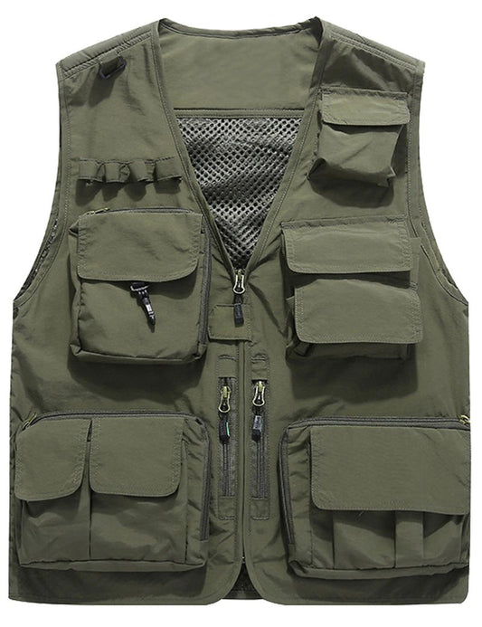 Flygo Men's Casual Lightweight Outdoor Fishing Work Safari Travel Photo Cargo Vest Jacket Multi Pockets(Large, Army Green)