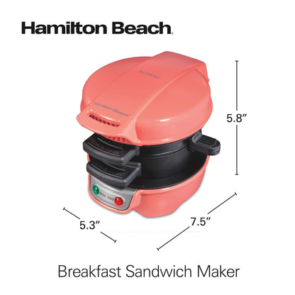 Hamilton Beach Breakfast Sandwich Maker with Egg Cooker Ring, Customize Ingredients, Perfect for English Muffins, Croissants, Mini Waffles, Perfect White Elephant Gifts, Coral (25483)