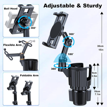 Peastrex Cup Holder Tablet Mount, Ipad Cup Holder Car Mount with Adjustable Arm for Tablet iPhone 3-13in iPad Pro Air Mini, Fire, iPhone 15, Galaxy S24 Z Fold 5