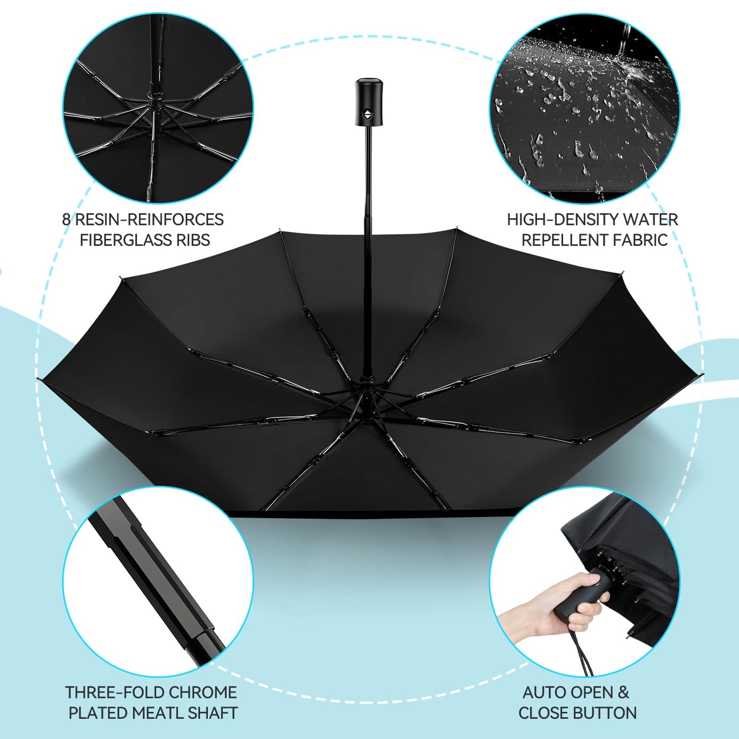 TechRise Umbrella, Compact Strong Windproof Automatic Umbrellas, Folding Lightweight, Portable Travel Golf Umbrella for Rain, One Button Auto Open and Close