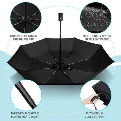 TechRise Umbrella, Compact Strong Windproof Automatic Umbrellas, Folding Lightweight, Portable Travel Golf Umbrella for Rain, One Button Auto Open and Close