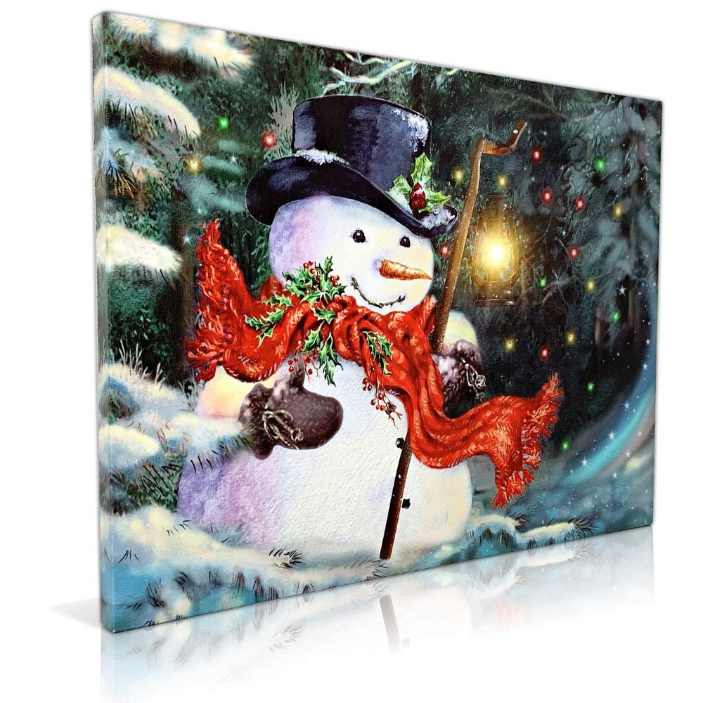 BANBERRY DESIGNS LED Wall Art - Lighted Snowman Canvas Print - Christmas Wall Hanging Snowman with a Red Scarf Holding a Lantern - Winter Holiday Scene 11.75" H x 15.75" W