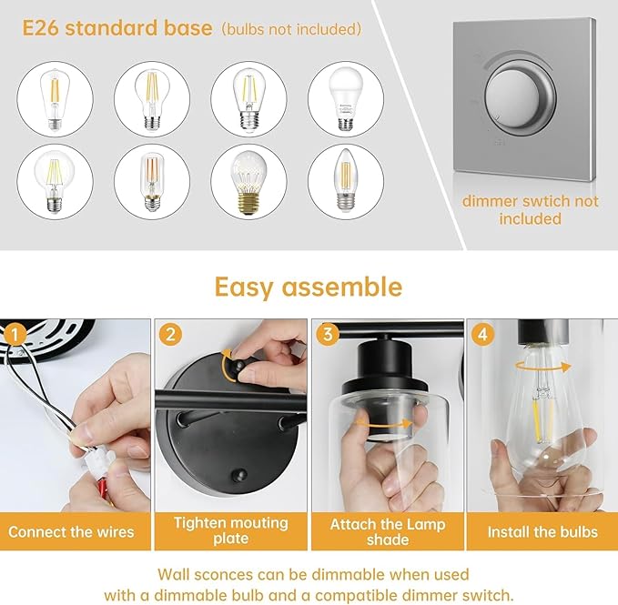 GORDNWE Modern Farmhouse Vanity Light Fixtures - 3 Light Matte Black Bathroom Lighting Over Mirror, E26 Bulb Base