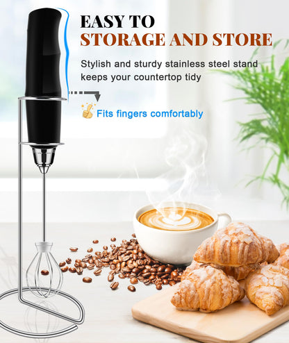 YUSWKO Black Handheld Milk Frother Wand for Coffee, Rechargeable Electric Whisk with 3 Heads 3 Speeds Drink Mixer Coffee Frother For Latte, Cappuccino, Hot Chocolate, Egg