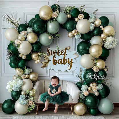 Emerald Green Gold Balloon Arch Kit Double Stuffed Dark Dusty Green Pearl White Sand Latex Christmas Balloon Garland for Birthday Wedding Anniversary Xmas Winter New Year Party Decoration